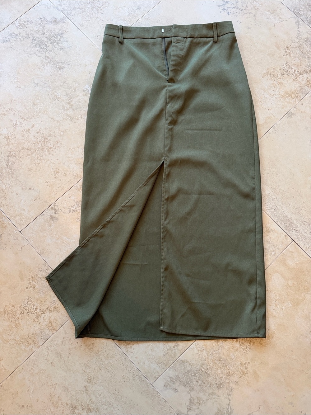 Cider Olive Green Midi Pencil Skirt with Front Slit